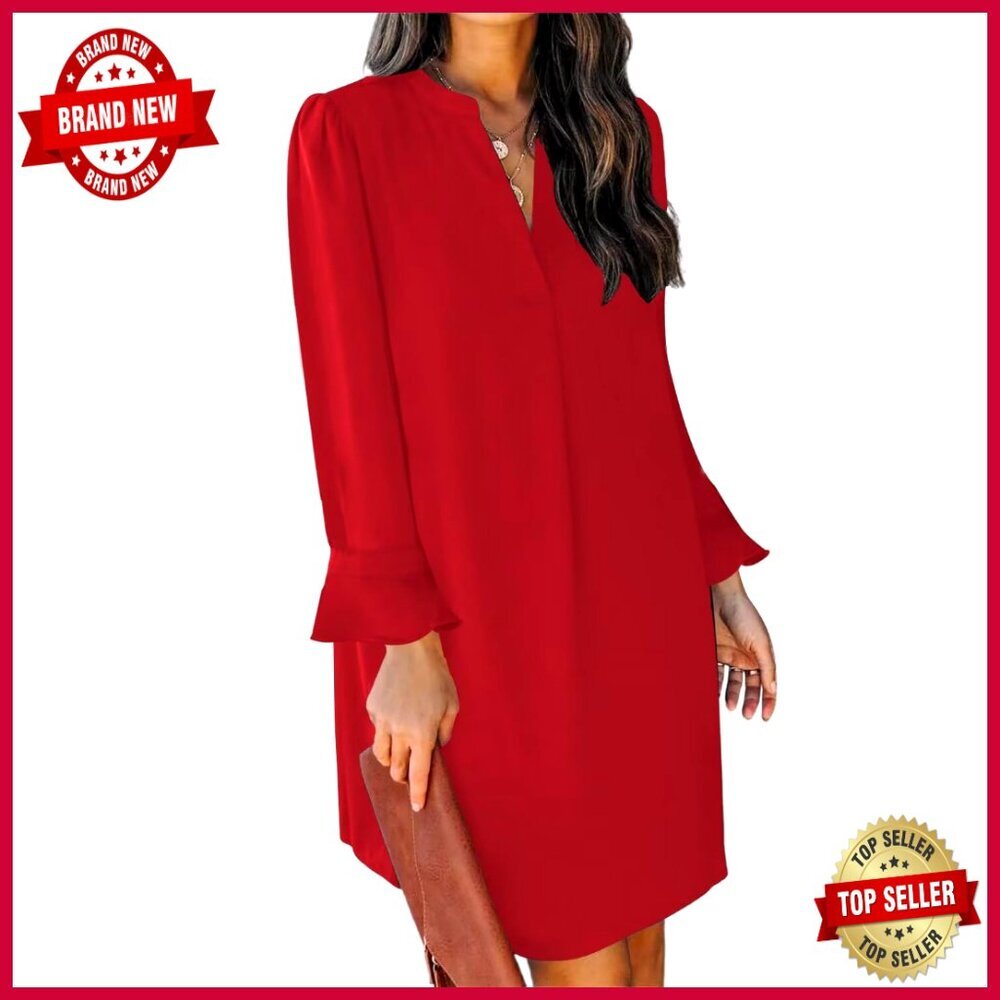 V-Neck Long Sleeve Mini Tunic Dress Flowy Casual Fall Elegant Chic